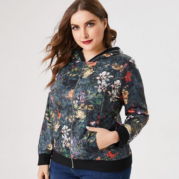 

women s plus size outerwear coats fall women long sleeve hooded printed jacket fashion retro elegant mom clothes ladies loose coat 220922, Black