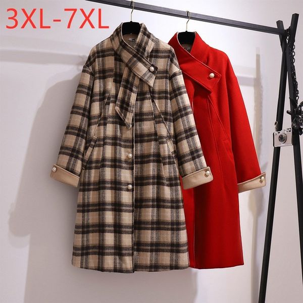 

women s plus size outerwear coats autumn winter women clothing overcoat large long sleeve thick pocket plaid woolen coat 3xl 4xl 5xl 6xl 7xl, Black