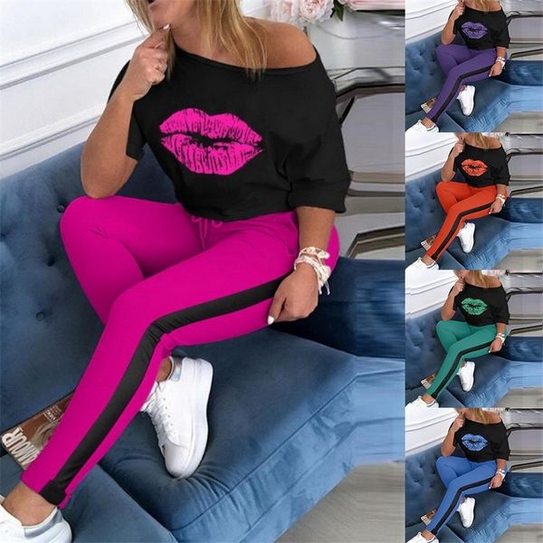 

women's two piece pants summer women lips print two piece set off shoulder tee- pencil jogger sweatpants suit sporting tracksuit overal, White
