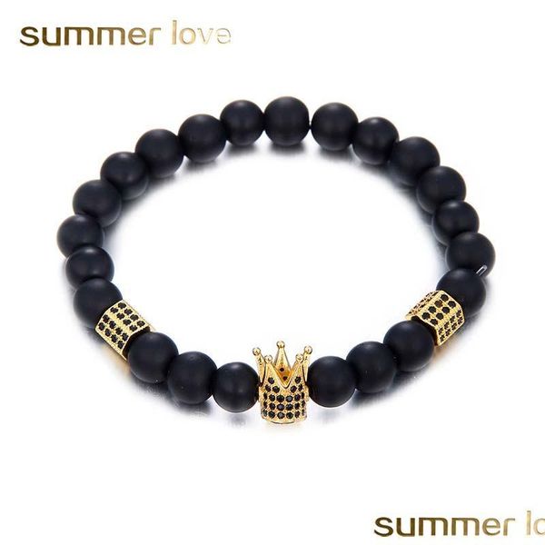 

beaded strands noble crown 8mm black beads bracelet for women men natural stone copper inlayed with zircon charm trendy jewelry drop dh1mt