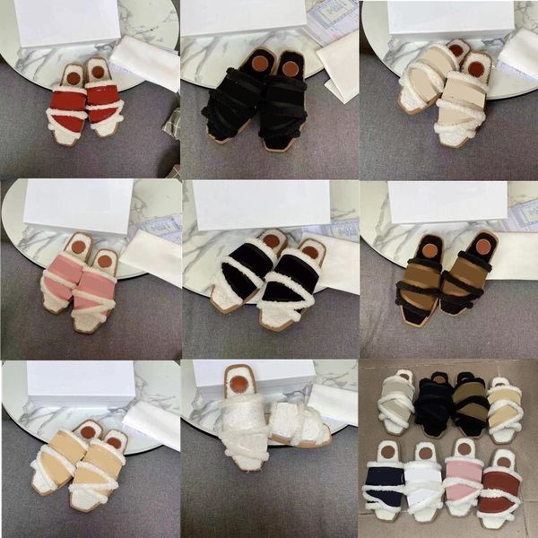 

retro slippers sandals wool shoes slipper flip flops designer woody women flat muller plush winter indoor warm leather fox fur woman slide, Black