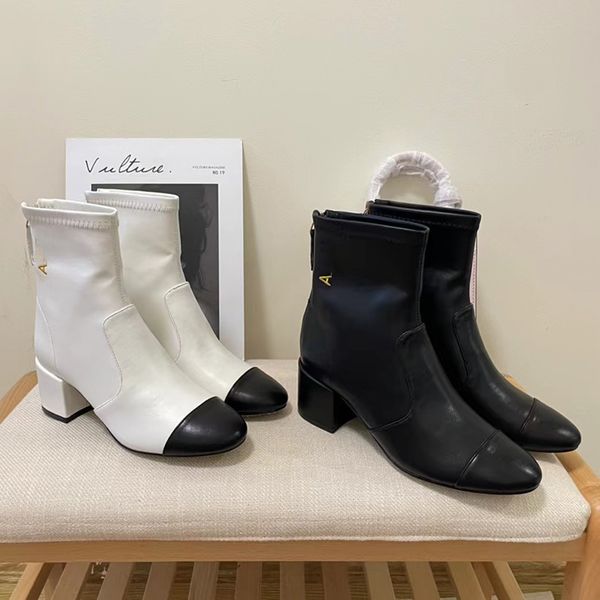 

women designer embroidered logo cha ankle boots france brand vintage lambskin leather kitten heels boot lady office occupation chunky heel l, Black