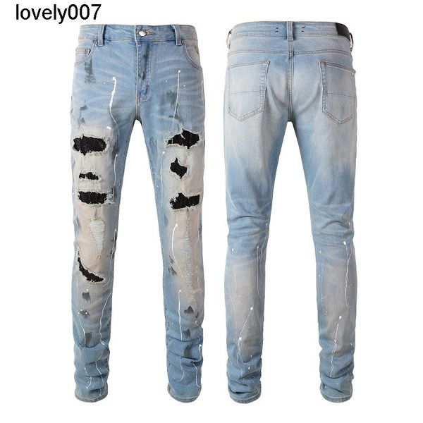 

men's jeans amirs jeans have holes cat needs to be ironed and drilled graffiti jeans slim fitting leggings male, Blue
