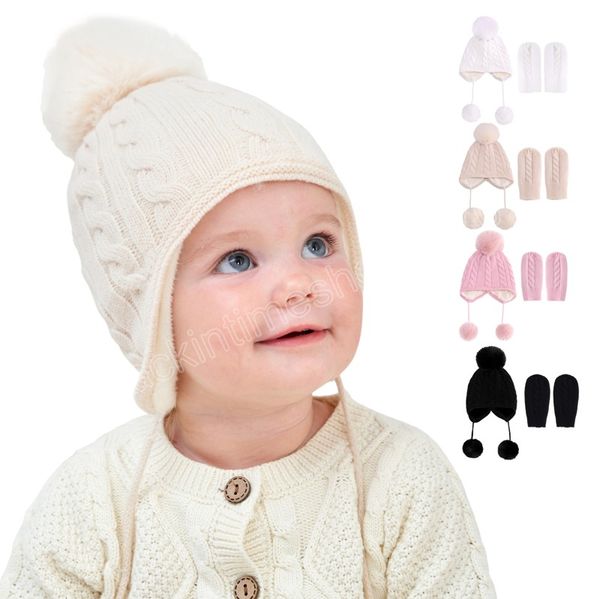 

2pcs/set baby hat gloves fur ball baby boys girls cap beanie pompom winter kids knitted hats bonnet infant toddler stuff, Yellow