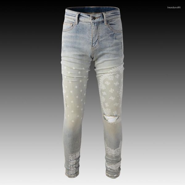 

men's jeans streetwear fashion brand men retro elastic slim fit ripped printed designer hip hop denim punk pants hombre, Blue