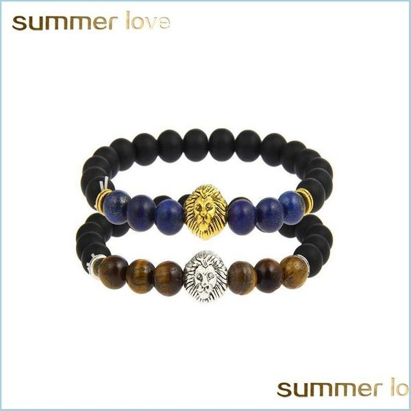 

beaded strands wholesale fashion tigereye 8mm bead bracelets with vintage lion head charm black matte beads for men drop delivery 20 dhzo2