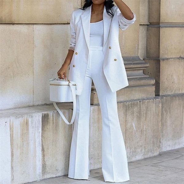 

women's two piece pants two pieces women blazer pants sets solid color double breasted lapel jacket wide leg trousers autumn winter lad, White