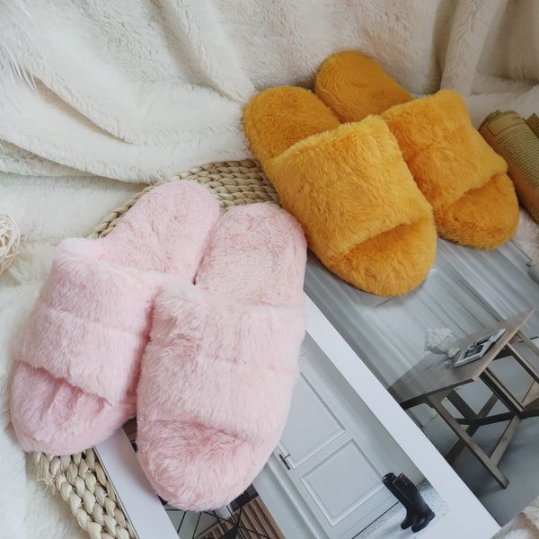 

wholesale soft plush slippers comfortable rabbit fur slippers for women indoor, Black