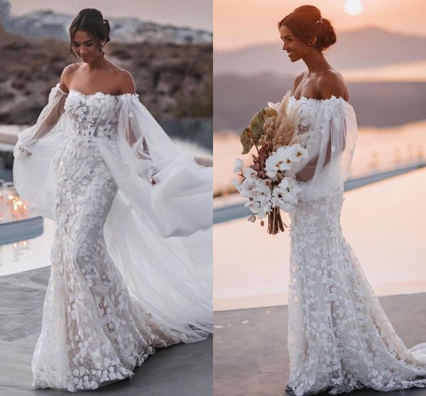 

bohemian mermaid wedding dresses with remove cape sleeve 3d floral beach country graden bridal gown with detachable train, White