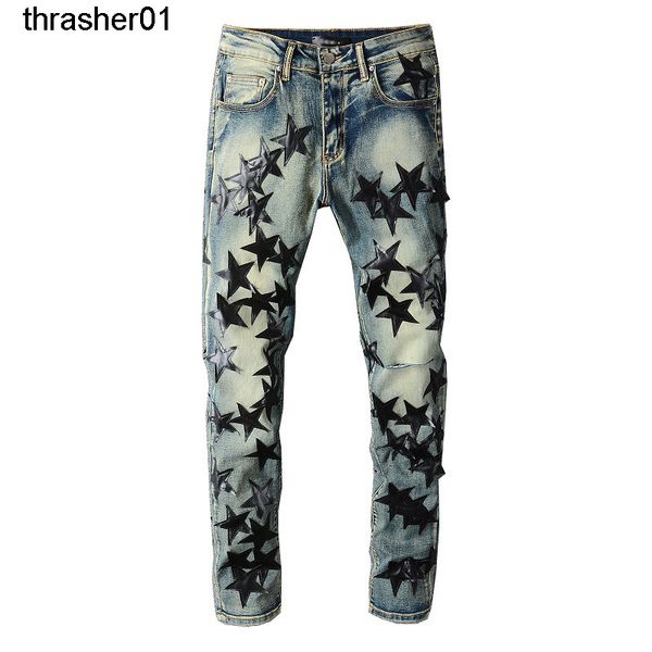 

men's jeans amirs street streetwear skinned star trend jeans for young men, Blue