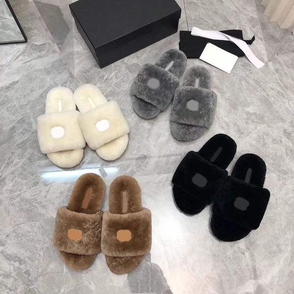 

2022 slippers luxury womens slides girl flip flop slipper fashion women designer fur flat logo soft warm winter real fur fluffy furry fuzzy, Black