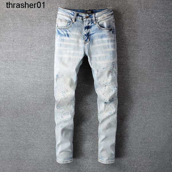 

men's jeans new designer amirs casual fashion brand washed splash color painting streetwear jeans men's, Blue