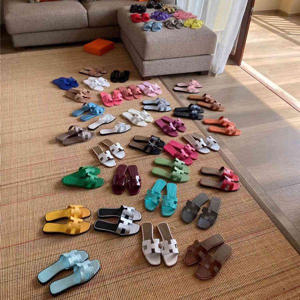 

classic dhl luxury h designer slippers slides herme high version h family women's 2022 summer new beach leather flat bottom sandals lei, Black