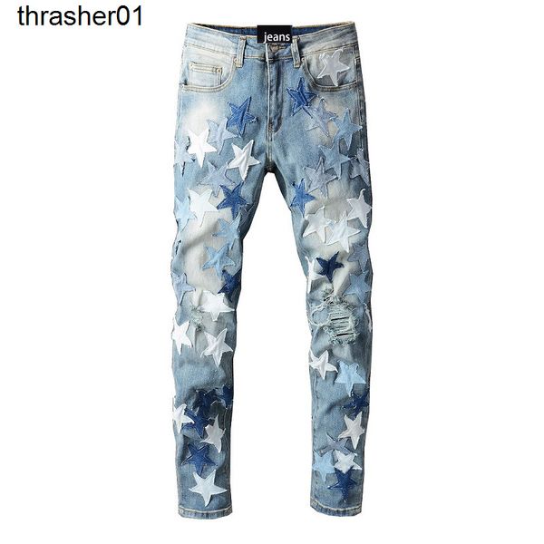 

men's jeans amirs streetwear skinny star trend jeans young men's elastic, Blue