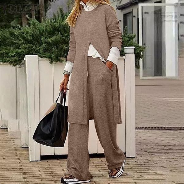 

women's two piece pants zanzea women's tracksuit autumn long sleeve suits urban casual solid matching sets mujer wide leg trouser, White