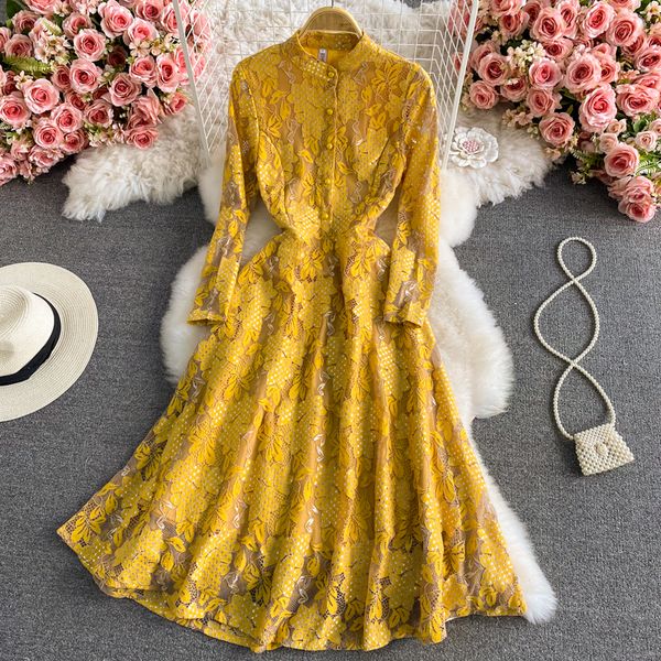 

vintage hook flower dress hollowed out lace french elegant high waist large hem a-line skirt, Black;gray