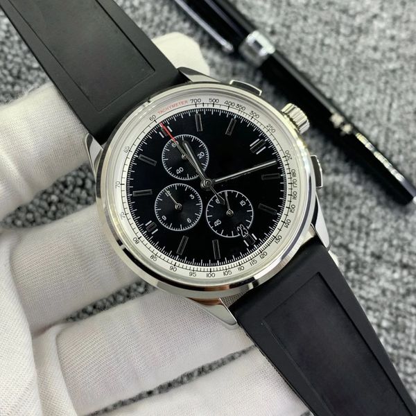 

n quality right hand watches men premier 42mm black dial japan movement vk watch quartz chronograph leather strap floding clasp mens dress