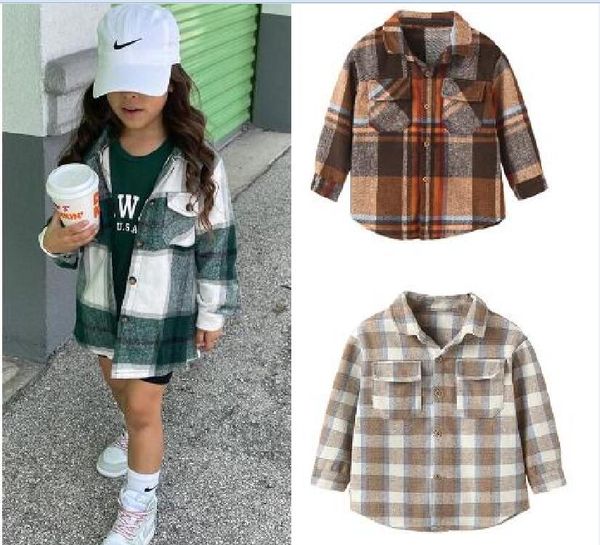 

fashion autumn children girl boy warm coat plaid long sleeve pocket button turn-down collar shirts coat jacket outwear, White;black