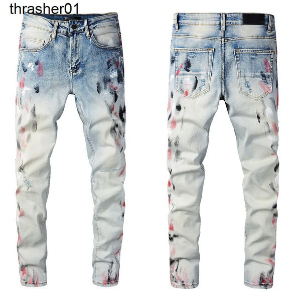 

men's jeans amirs fashion street cowboy casual pants micro elastic cotton youth light blue splash jeans