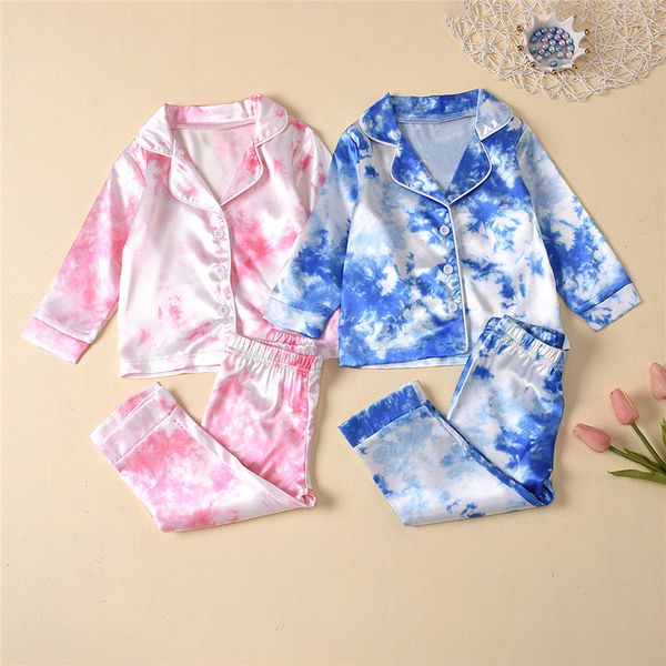 

pajamas childrens kids pyjamas silk satin tie dye print button pants autumn long sleeve sleepwear nightwear girls boys pajama sets 220922, Blue;red