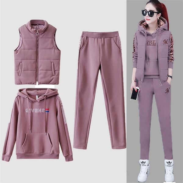 

women's two piece pants winter three piece sets women hoodiesvestpants tracksuit oversized suit autumn female solid trouser sweatshirt, White