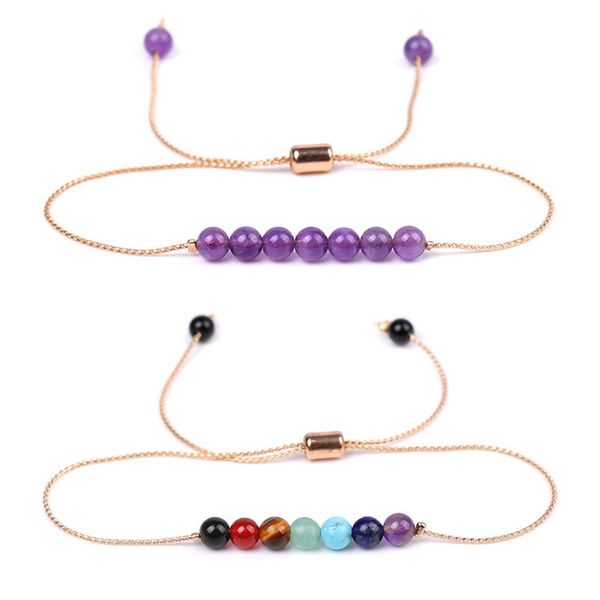 

natural stone chakra bracelet 4mm amethyst red agate tiger eye lazuli copper wire chain adjustable bracelets women yoga jewelry, Golden;silver