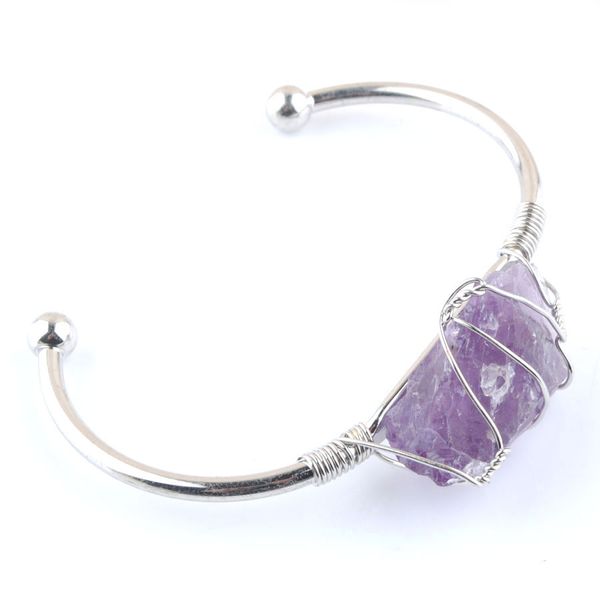 

natural stone bangle silver wire wrap irregular crystal quartz green fluorite open cuff bracelets for women fashion jewelry bo938, Black
