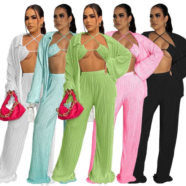

bikinis three piece womens sets fall cardigan wide leg pants mini shorts outfits boutique clothing s-xxl, White