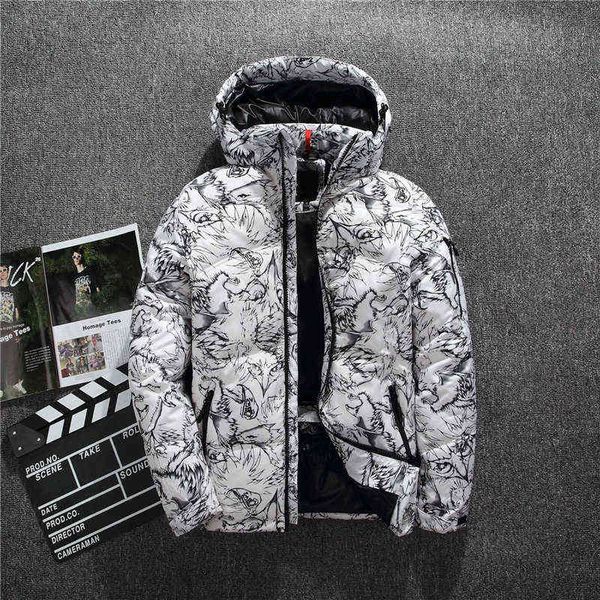

men's down parkas mens casual jacket 2021 winter new boutique white duck thick warm fashion print slim hooded black coat t220921