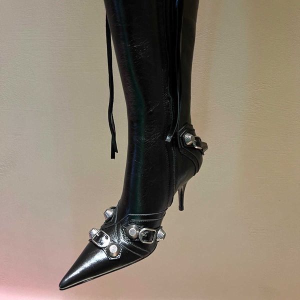 

cagole lambskin leather knee-high boots stud buckle embellished side zip shoes pointed toe stiletto heel tall boot luxury designers shoe for, Black