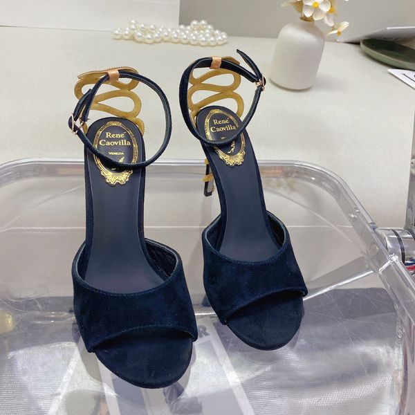 

rene caovilla embellished margot suede sandals snake strass stiletto heel evening shoes for women heeled luxury designer ankle wraparound mv, Black