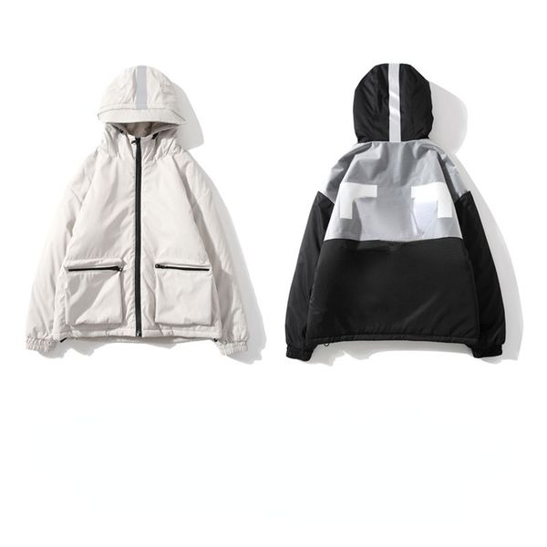 

ow mens down jacket white hooded jackets 3m reflective arrow nylon waterproof sportswear winter men women zipper cardigan coat, Black