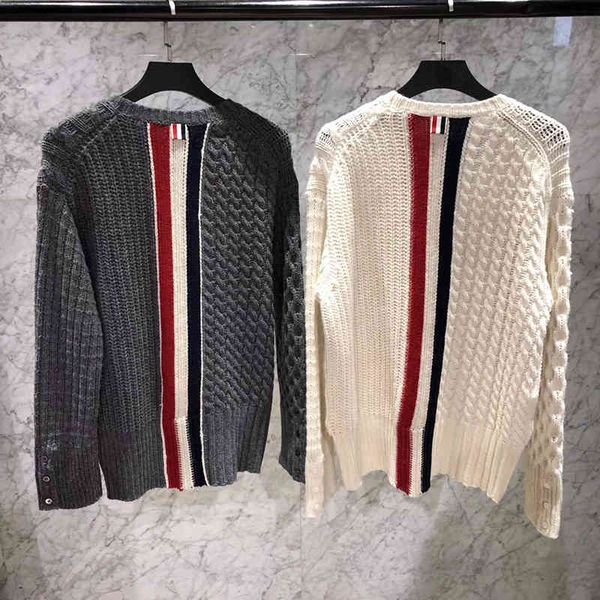 

tb thom man sweaters spring autumn loose o-neck pullovers clothing striped spliced cotton wool thick winter coat, White;black