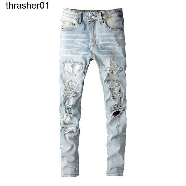 

men's jeans amirs cowboy casual pants elastic fashion brand blue streetwear mens jeans