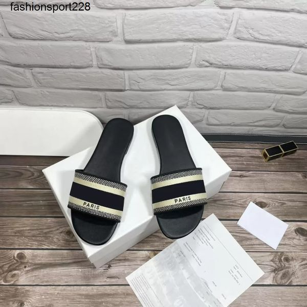 

sandals paris embroidered dazzle designer slippers womens sandals wear summer beach stripes casual flip-flops flat slippers with dust bag, Black
