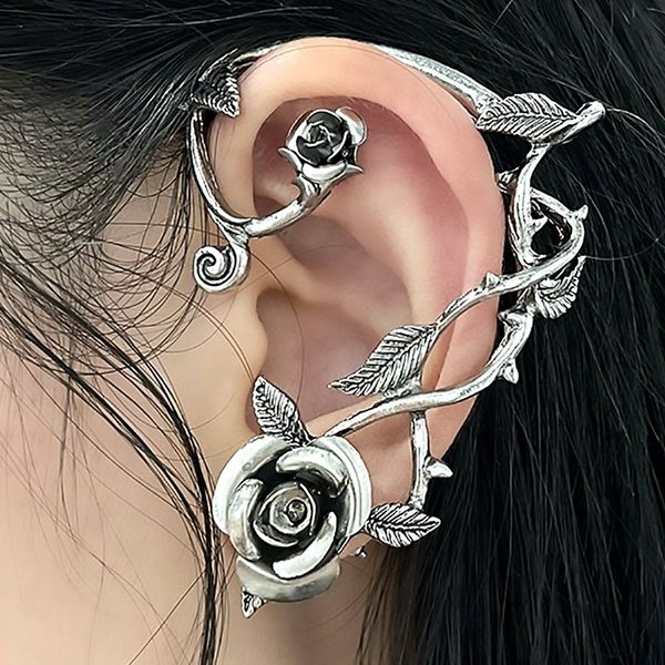 

s3226 fashion jewelry ear cuff retro punk style metal hollowed out rose ears hang single piece ear clip earrings ear-hook, Silver