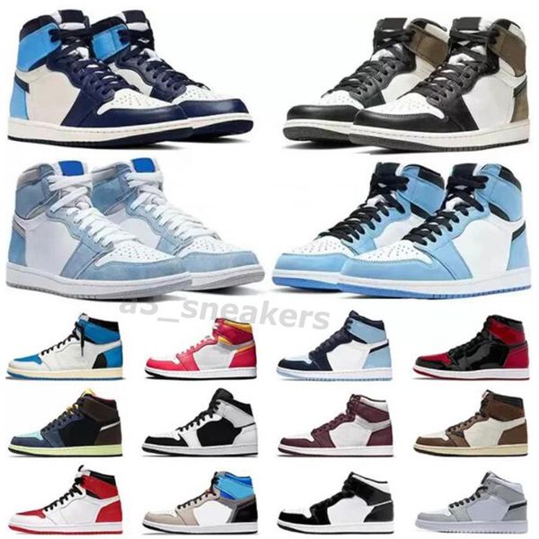 

men 1 basketball shoes women 1s og university blue patent panda dark mocha bred shadow unc smoke grey mens women sports sneakers train254f, Black