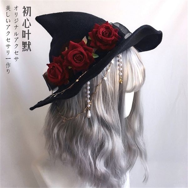 

wide brim hats lolita halloween retro witch masquerade rose big bow wizard gothic magical girl cosplay accessories party decor 220921, Blue;gray