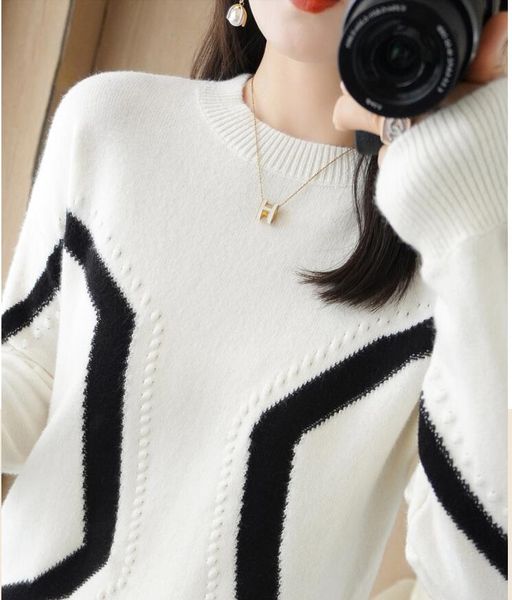 

women sweaters spring autumn woolen long sleeve sweater o neck loose outerwear all-match coat, White;black