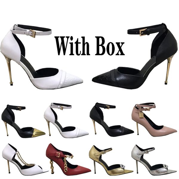 

luxury high heels women designer dress shoes nude open toe genuine matte leather classic elegant metal padlock heels monogrambags, Black