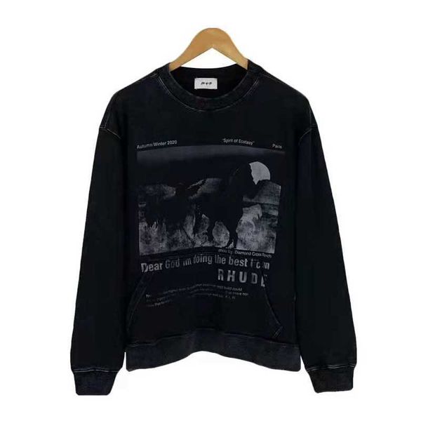 

mens and womens hoodie rhudessweatshirt autumn designer hoodies pullover sweatshirts orange washed vintage pony print high loose cotton, Black
