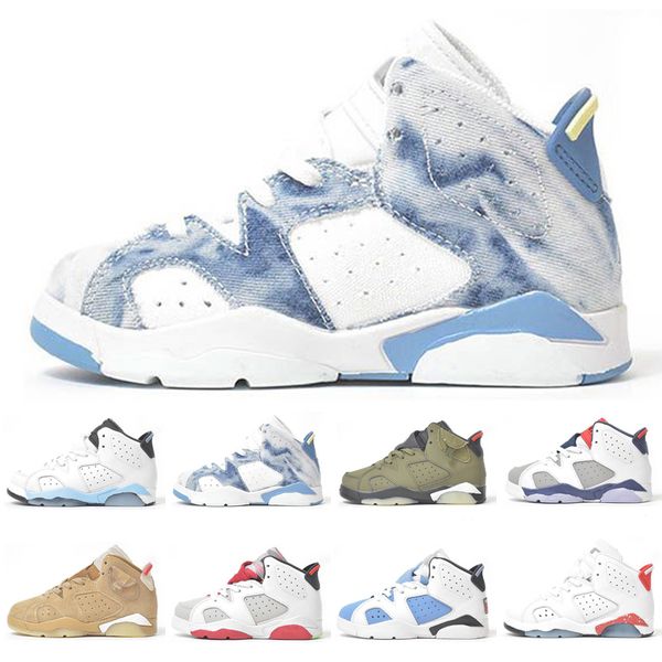 

basketball shoes jumpman 6 6s kids washed denim bordeaux gold hoops unc british khaki children boys girls sports sneakers trainers size 26-3