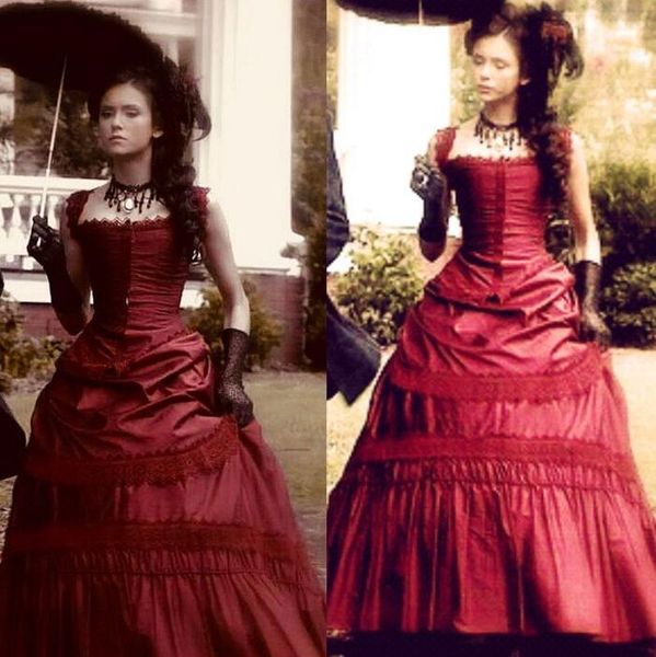 

nina dobrev in vampire diaries prom dresses burgundy medieval civil war gothic victorian lace-up corset steampunk evening gown, Black;red