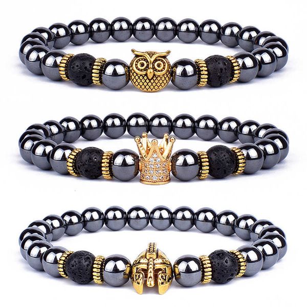 

vintage hematite owl charm bracelets men lava stone crown warrior helmet bracelets bangles for women friendship jewelry gift, Black