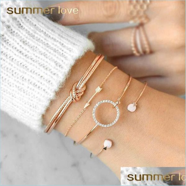 

bangle 4pcs/set mtilayer knot arrow crystal open cuff bracelet set for women sier gold plating adjustable wire bangle fashion jewelry dh4cz, Black