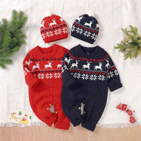 

rompers baby girls boys christmas knitted romper with hat snowflake elks print long sleeves round neck jumpsuit winter outfit j220922, Blue