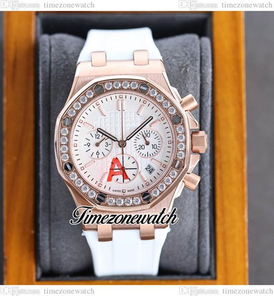

zyf 37mm oak 26231 quartz chronograph womens watch white texture dial date satch diamond bezel rose gold case pink rubber strap lday new wat, Slivery;brown