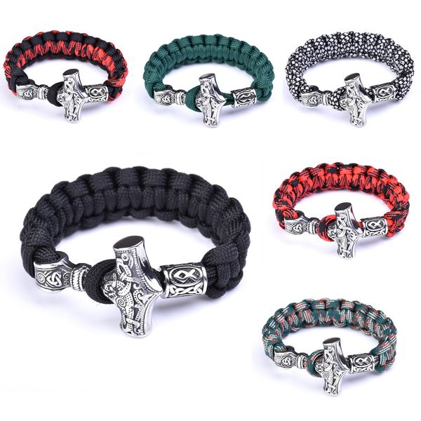 

s3231 charm men's stainless steel viking hammer unmbrella rope woven bracelet outdoor sport survival bracelets, Golden;silver