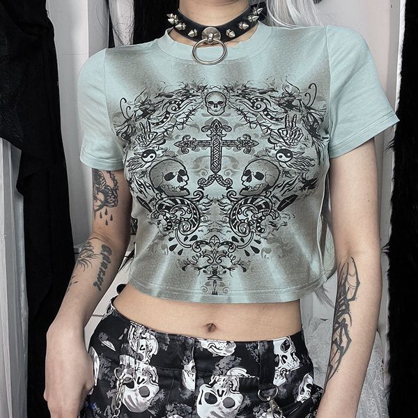 

women's t-shirt & tees dark wind skull print round neck short t-shirt woman, White