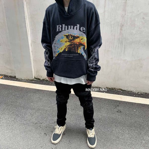 

designer hoodie rhudes warm hooded hoodies sweater suit mens womens fashion partner high eagle print loose men's hoodie fan long sleeve, Black
